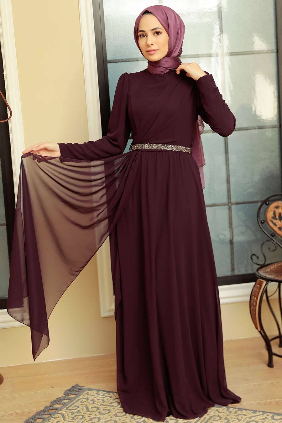 Neva Style Plus Size Plum Color Islamic Long Sleeve Dress Mu