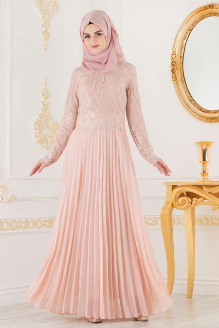 Rose Poudr Tesett Rl Abiye Elbise Robes De Soir E Pd