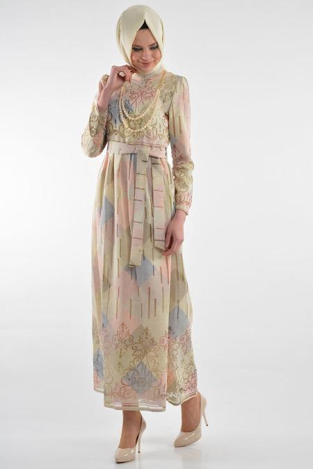 By Kayalar - Desenli Sarı Tesettür Elbise 8418-01SR