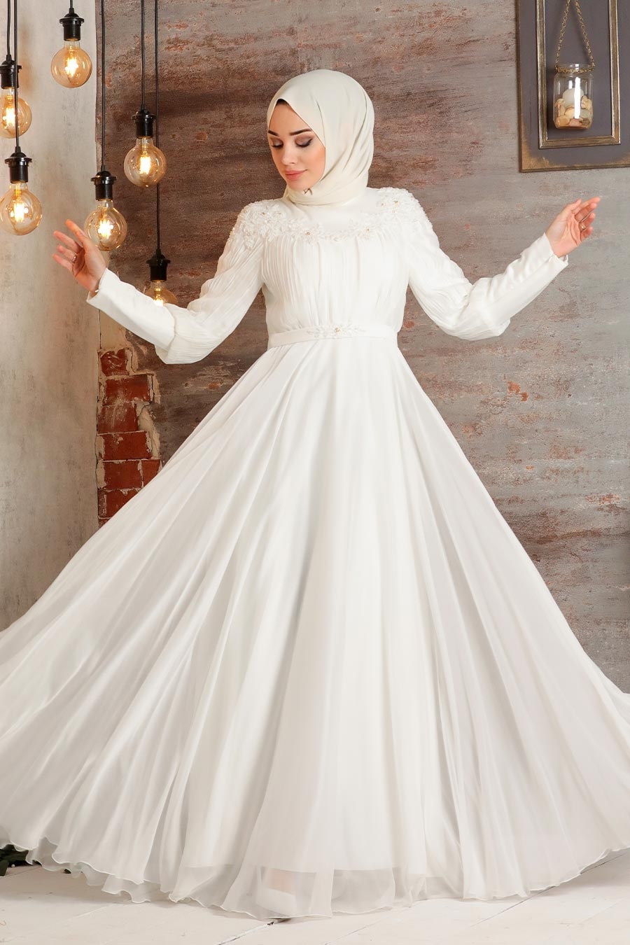 Neva Style - Luxorious Ecru Islamic Dress 21881E