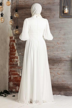 Neva Style - Modern Ecru Islamic Bridesmaid Dress 21930E - Thumbnail
