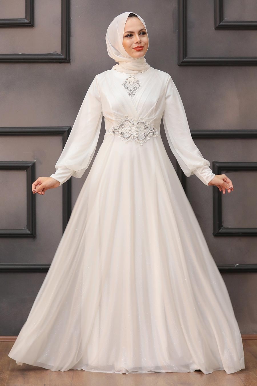 Neva Style - Plus Size Ecru Muslim Prom Dress 50151E