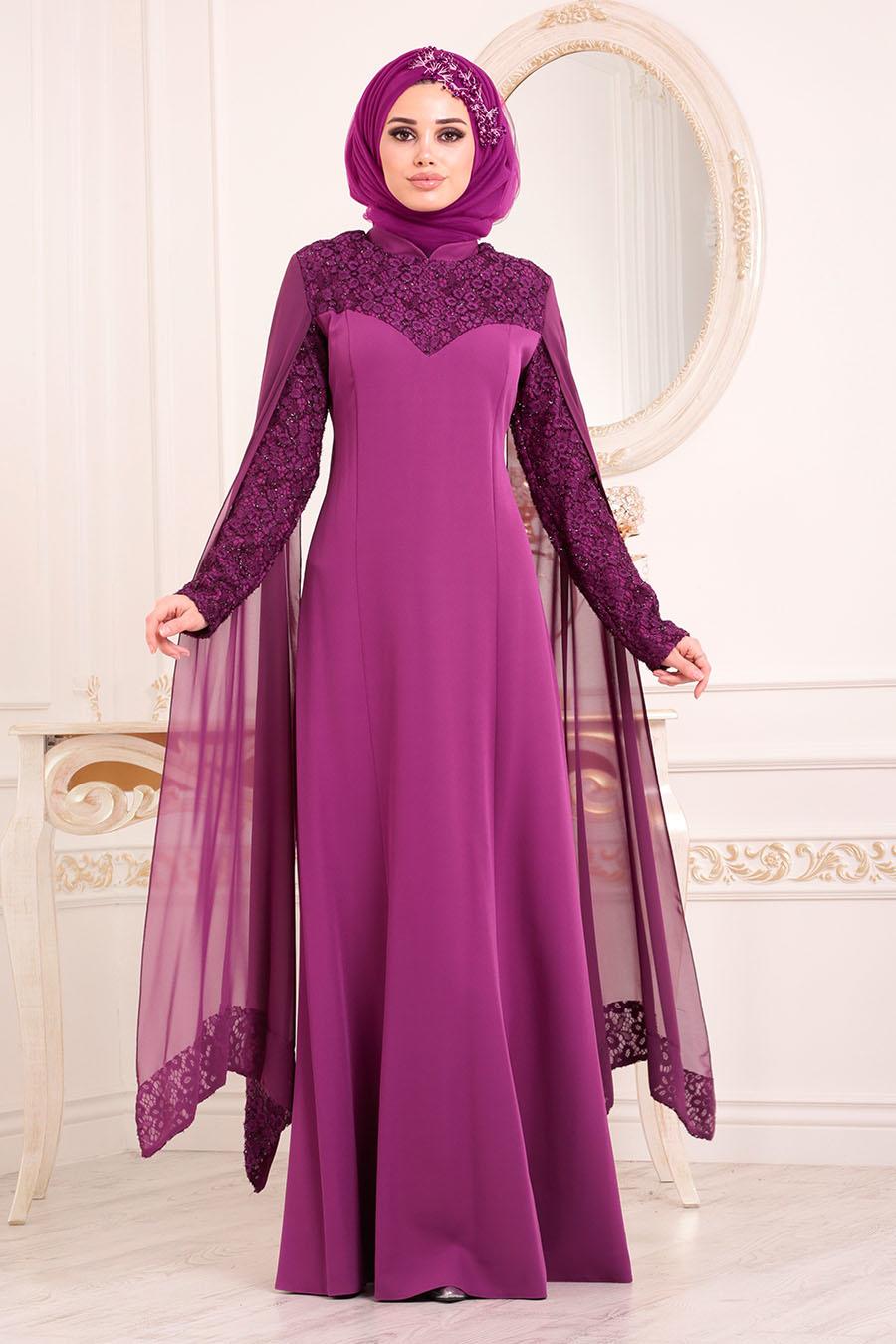 Evening Dress - Dark Purple Hijab Evening Dress 4045MU - Tesetturisland.com