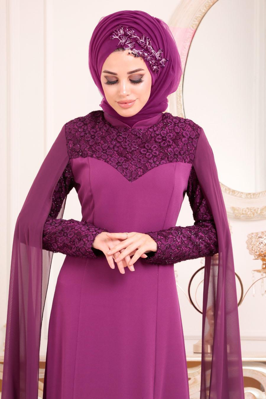 Evening Dress - Dark Purple Hijab Evening Dress 4045MU - Tesetturisland.com