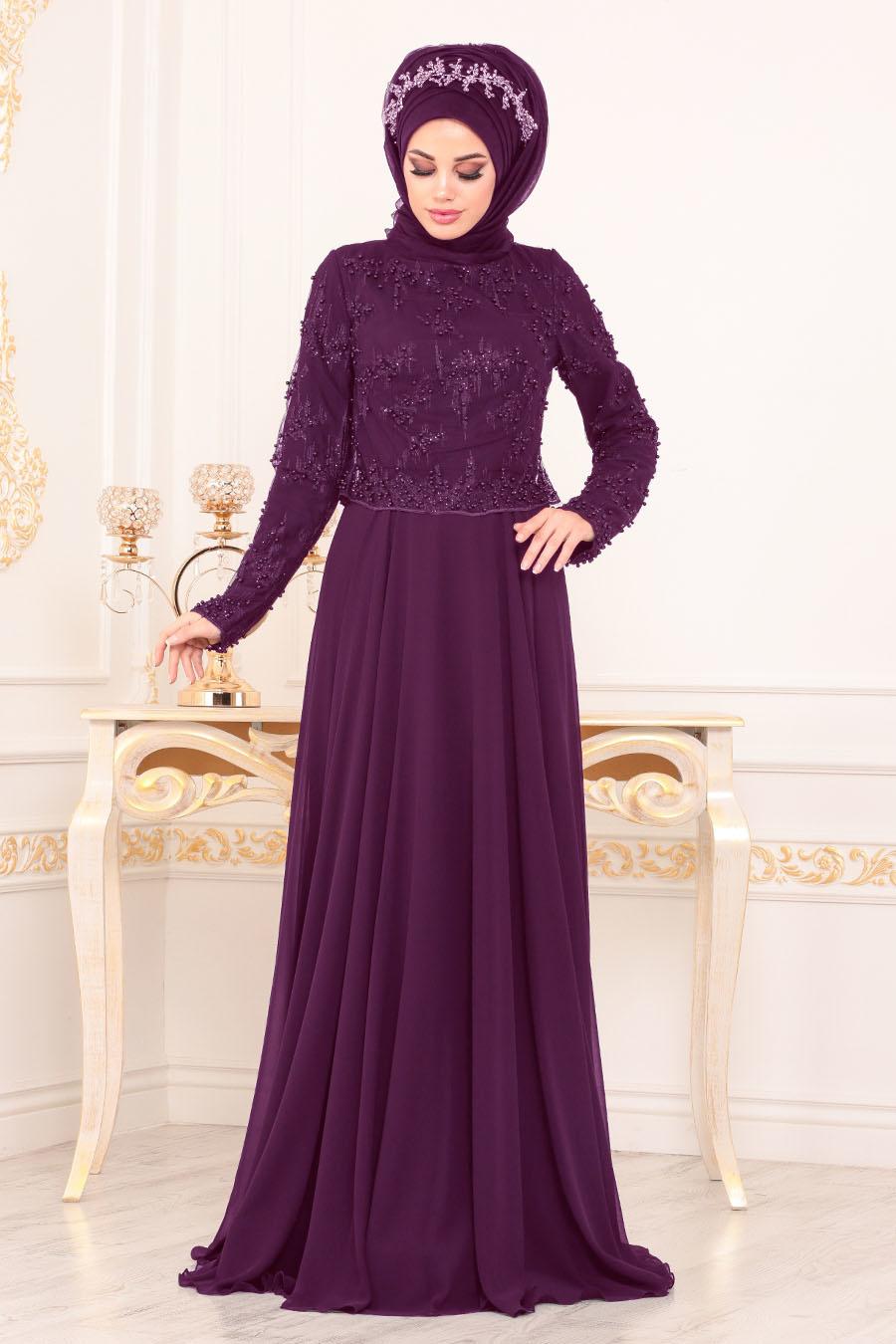 Evening Dress - Dark Purple Hijab Evening Dress 4572MU - Tesetturisland.com