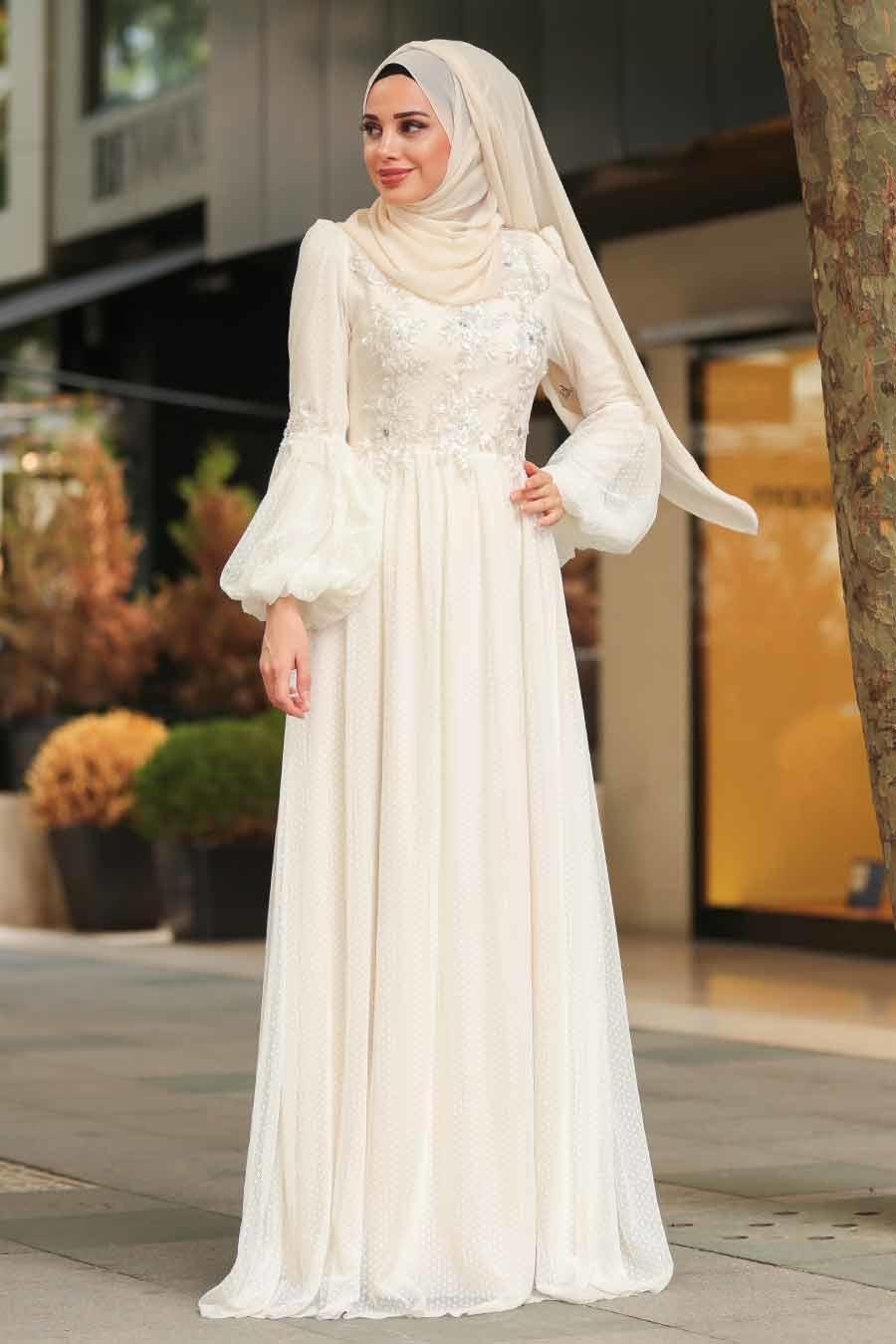 Evening Dress - Ecru Hijab Evening Dress 3908E - Tesetturisland.com