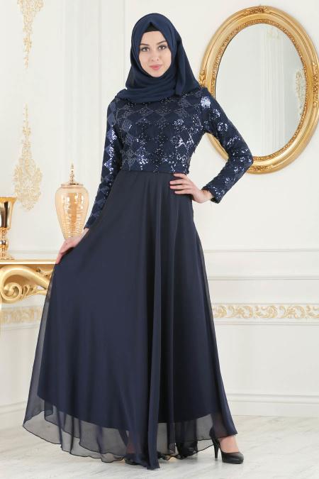 Evening Dress - Navy Blue Hijab Evening Dress 79440L - Tesetturisland.com