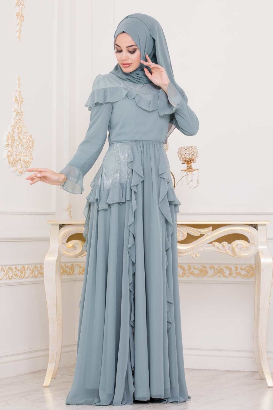 Evening Dress - Turquoise Hijab Evening Dress 3854TR - Tesetturisland.com