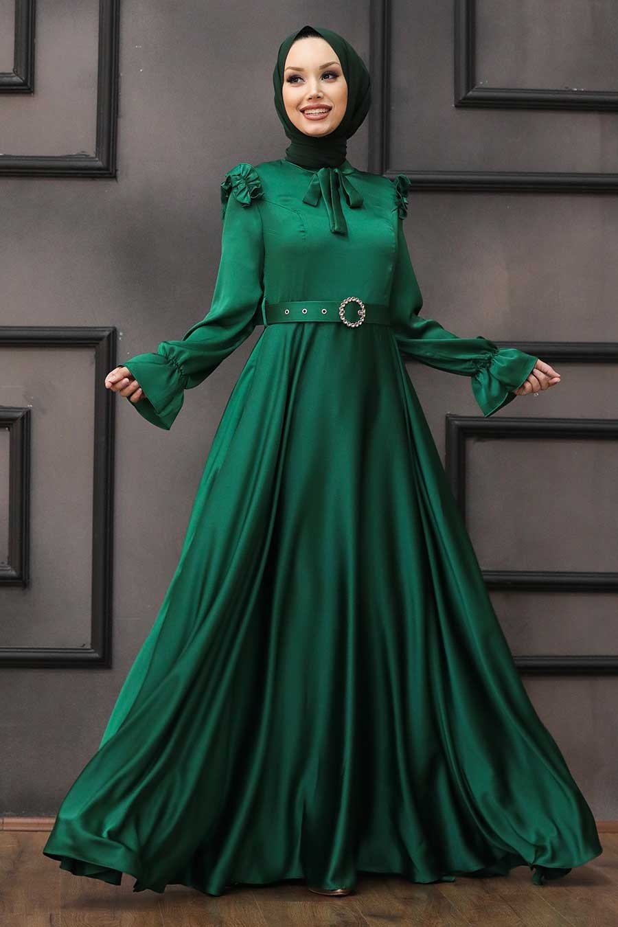 Neva Style -Satin Green Muslim Bridal Dress 27240Y - Neva-style.com