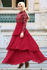 Neva Style - Pul Payet Detaylı Bordo Tesettür Abiye Elbise 3524BR - Thumbnail