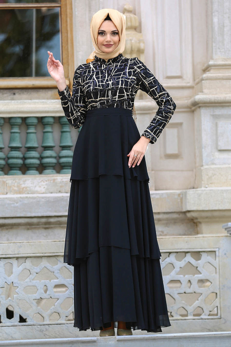 Neva Style - Pul Payet Detaylı Siyah Tesettür Abiye Elbise 3524S