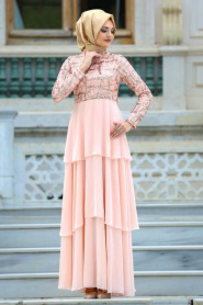 Neva Style - Pul Payet Detaylı Somon Tesettür Abiye Elbise 3524SMN - Thumbnail