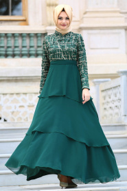 Neva Style - Pul Payet Detaylı Yeşil Tesettür Abiye Elbise 3524Y - Thumbnail