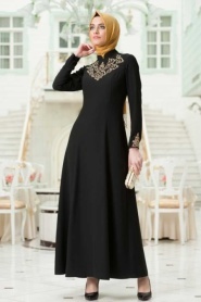 Mahber - Gold Desenli Siyah Tesettür Elbise 3000S - Thumbnail