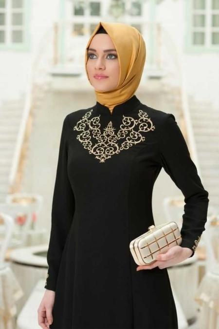 Mahber - Gold Desenli Siyah Tesettür Elbise 3000S