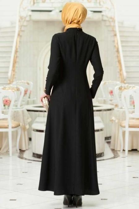 Mahber - Gold Desenli Siyah Tesettür Elbise 3000S