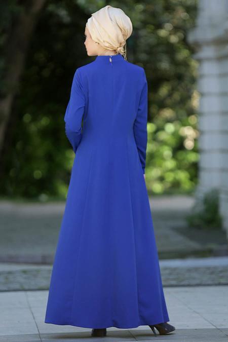 Mahber - Gold Desenli Sax Mavi Tesettür Elbise 3000SX