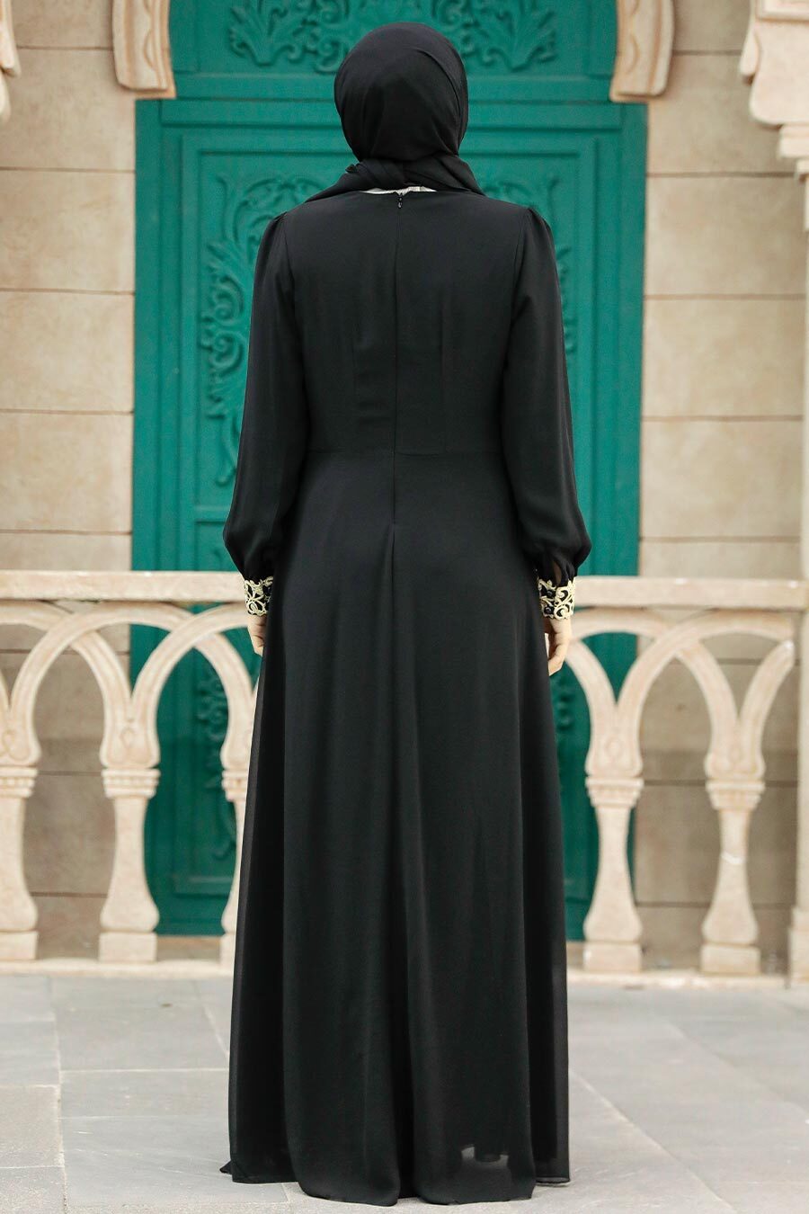 Nayla Collection - Aplikeli Siyah Tesettür Abiye Elbise 25700S
