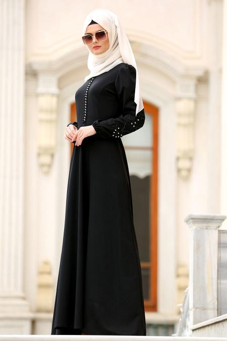 Nayla Collection - Kolları Boncuk Detaylı Siyah Tesettür Elbise 42140S ...