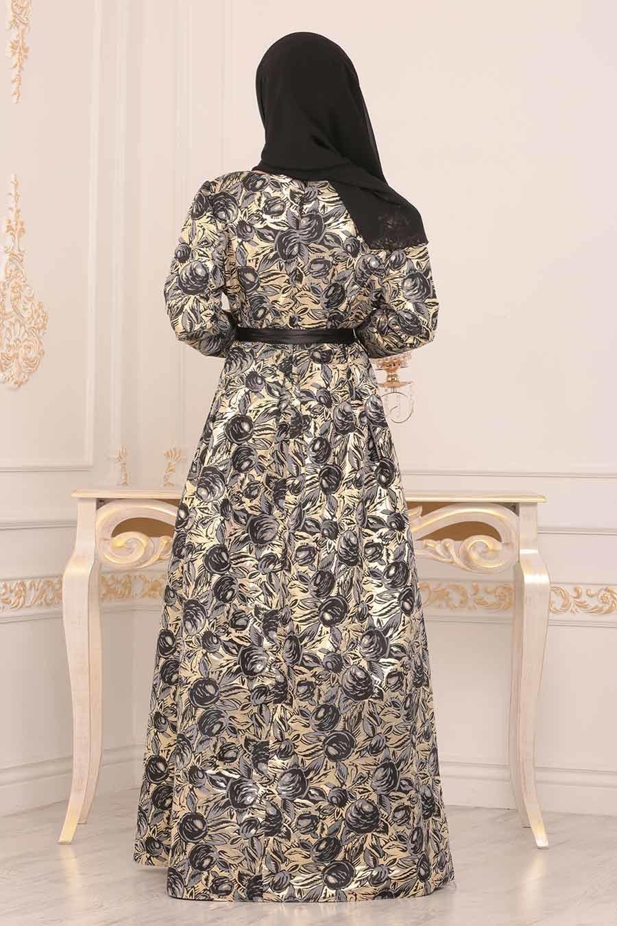 Nayla Collection - Desenli Siyah Jakarlı Tesettür Abiye Elbise 82453S