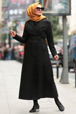 Nayla Collection - Kemerli Siyah Tesettür Trençkot 53990S - Thumbnail