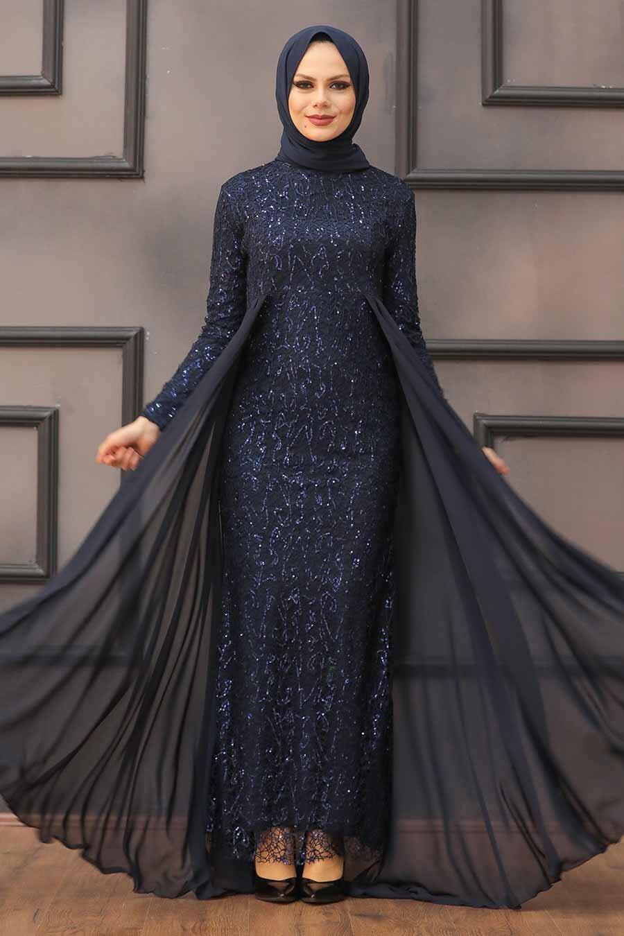 Nayla Collection - Pullu Lacivert Tesettür Abiye Elbise 90000L