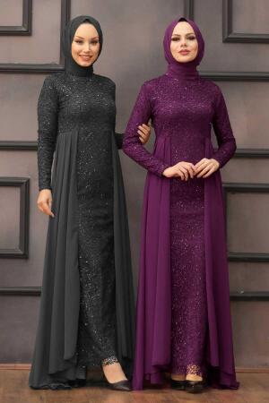 Nayla Collection - Pullu Mor Tesettür Abiye Elbise 90000MOR - Thumbnail