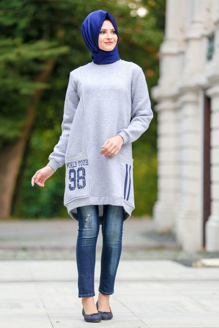 Neva Style - Arkası Uzun Gri Tesettür Sweatshirt 1555GR