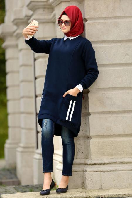 Neva Style - Arkası Uzun Lacivert Tesettür Sweatshirt 1555L