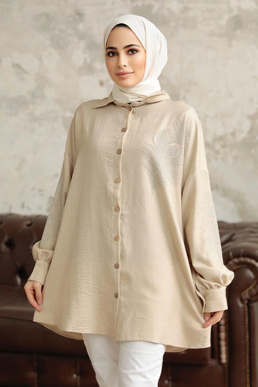Neva Style - Beige Hijab Tunic 11351BEJ