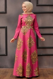 Neva Style - Beli Çiçek Detaylı Fuşya Tesettür Abiye Elbise 2680F - Thumbnail