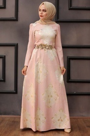 Neva Style - Beli Çiçek Detaylı Pudra Tesettür Abiye Elbise 2680PD - Thumbnail