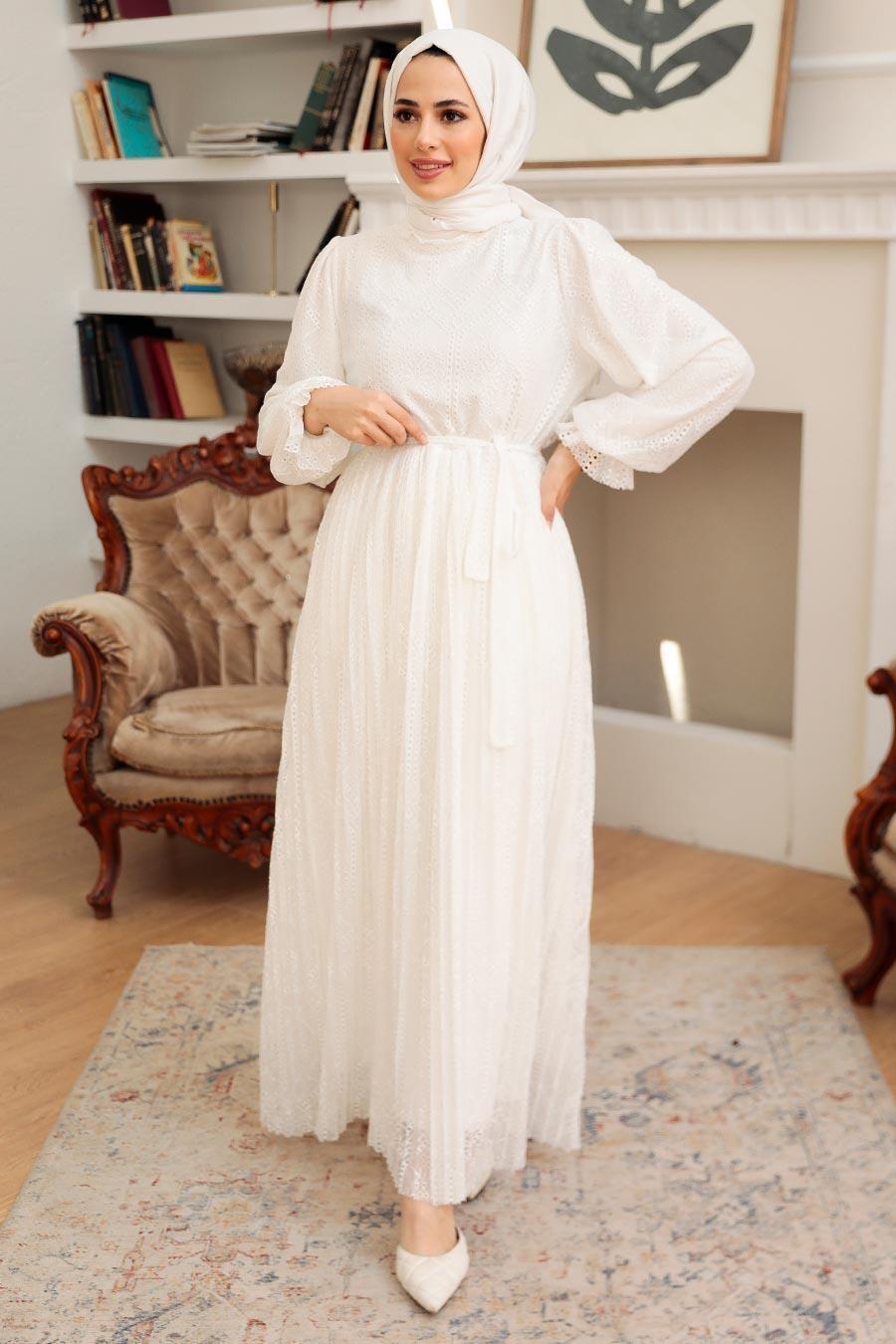 Neva Style - Beyaz Tesettür Elbise 10394B
