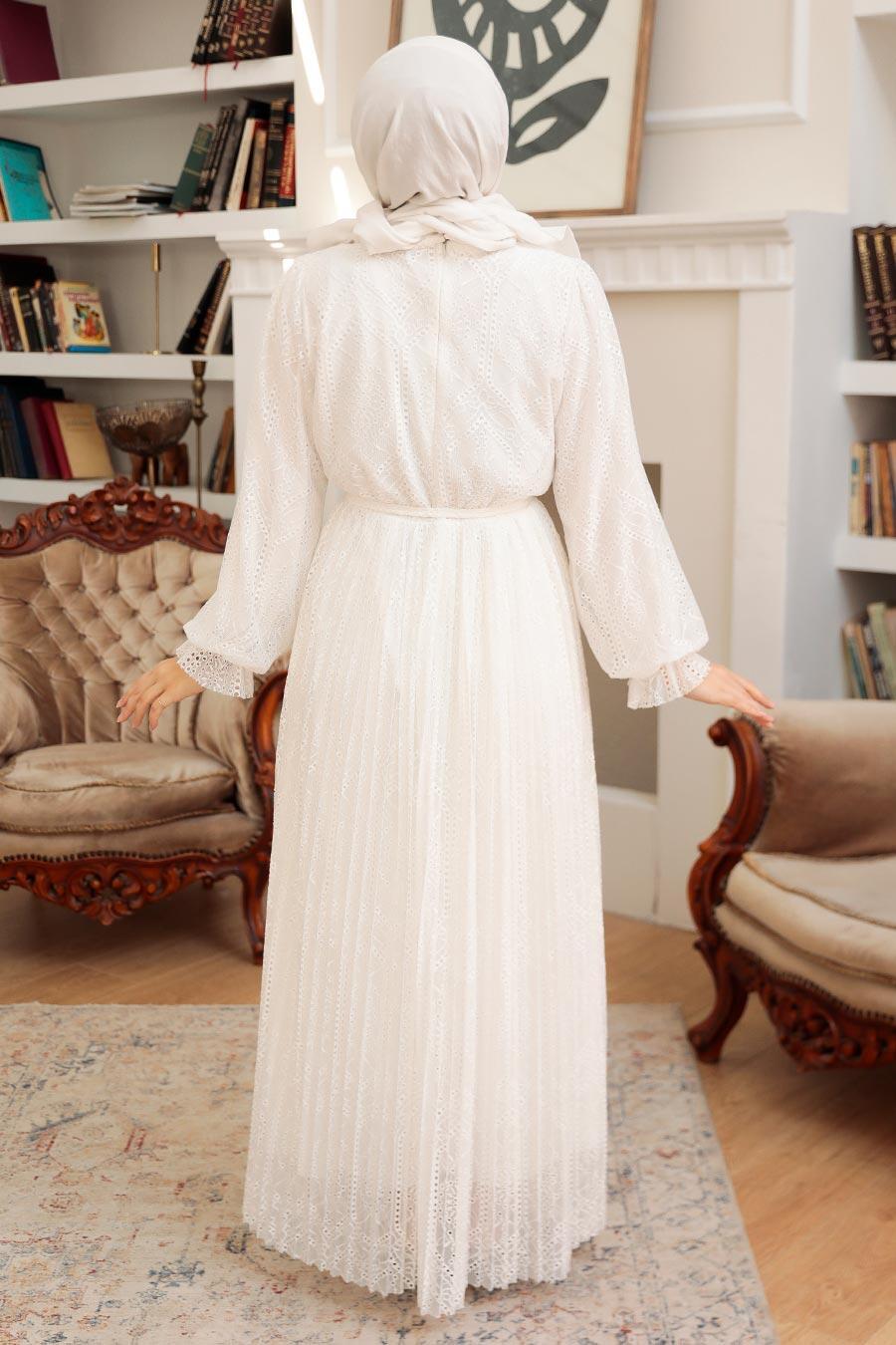 Neva Style - Beyaz Tesettür Elbise 10394B