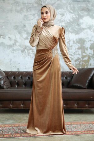 Neva Style - Biscuit Velvet Hijab Dress 36891BS - Thumbnail