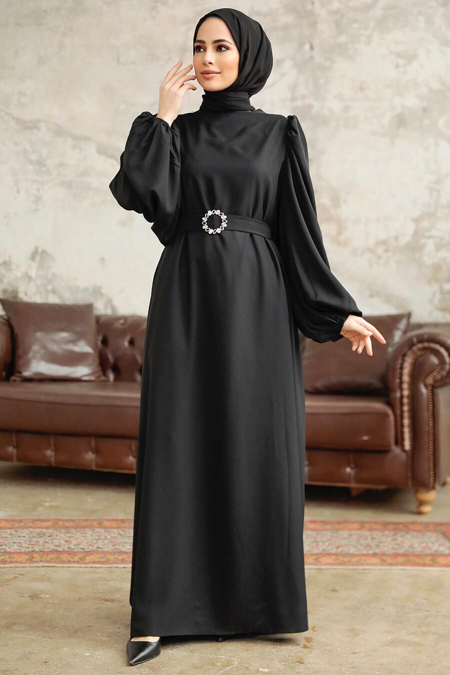 Neva Style - Black Hijab Turkish Dress 5866S
