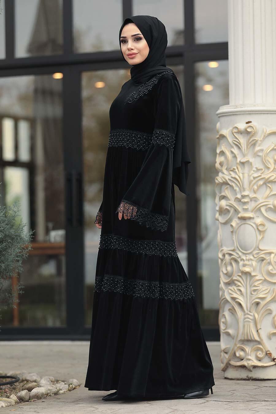 Neva Style Black Hijab Velvet Dress 1460S