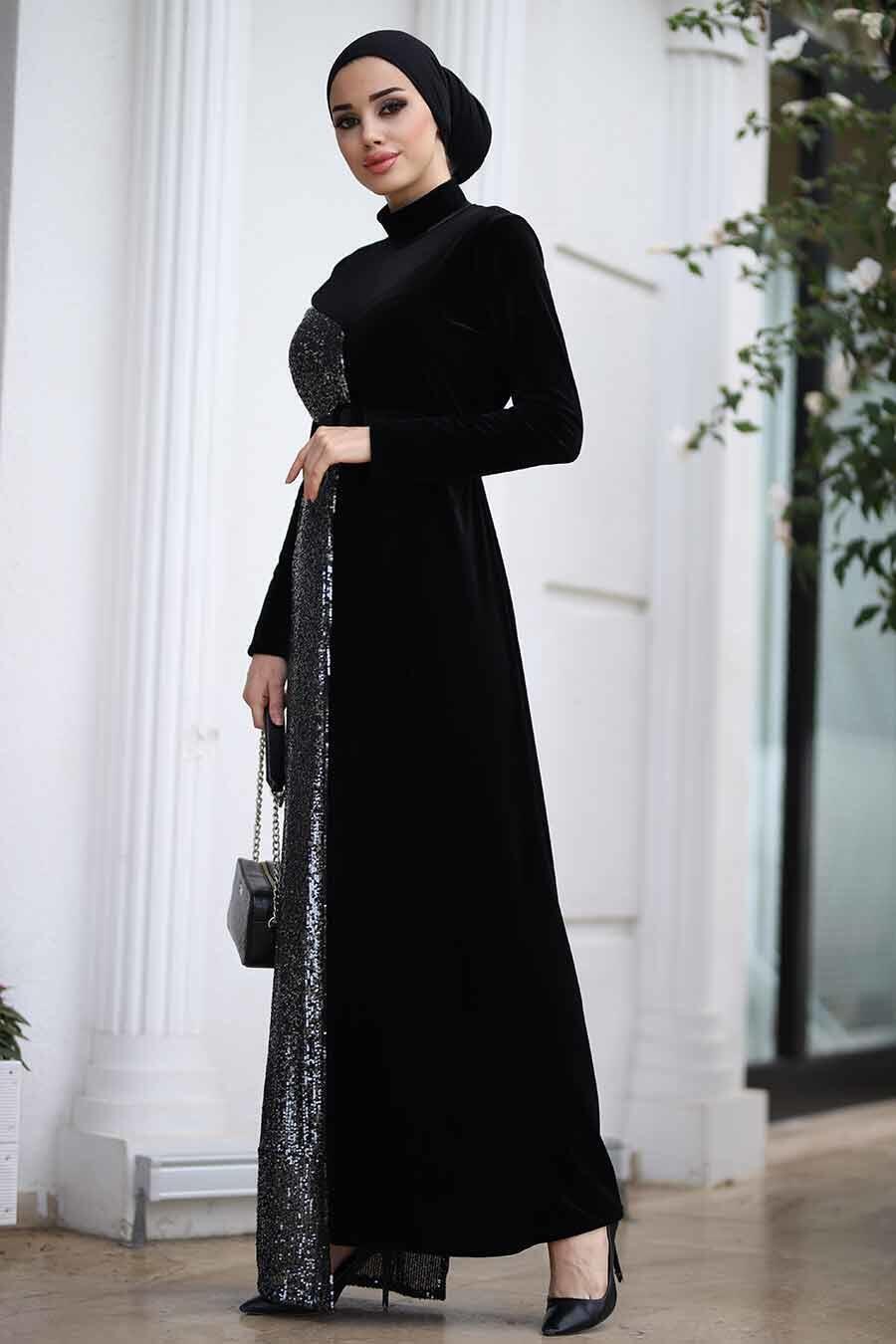 Neva Style Black Hijab Velvet Dress 9129S