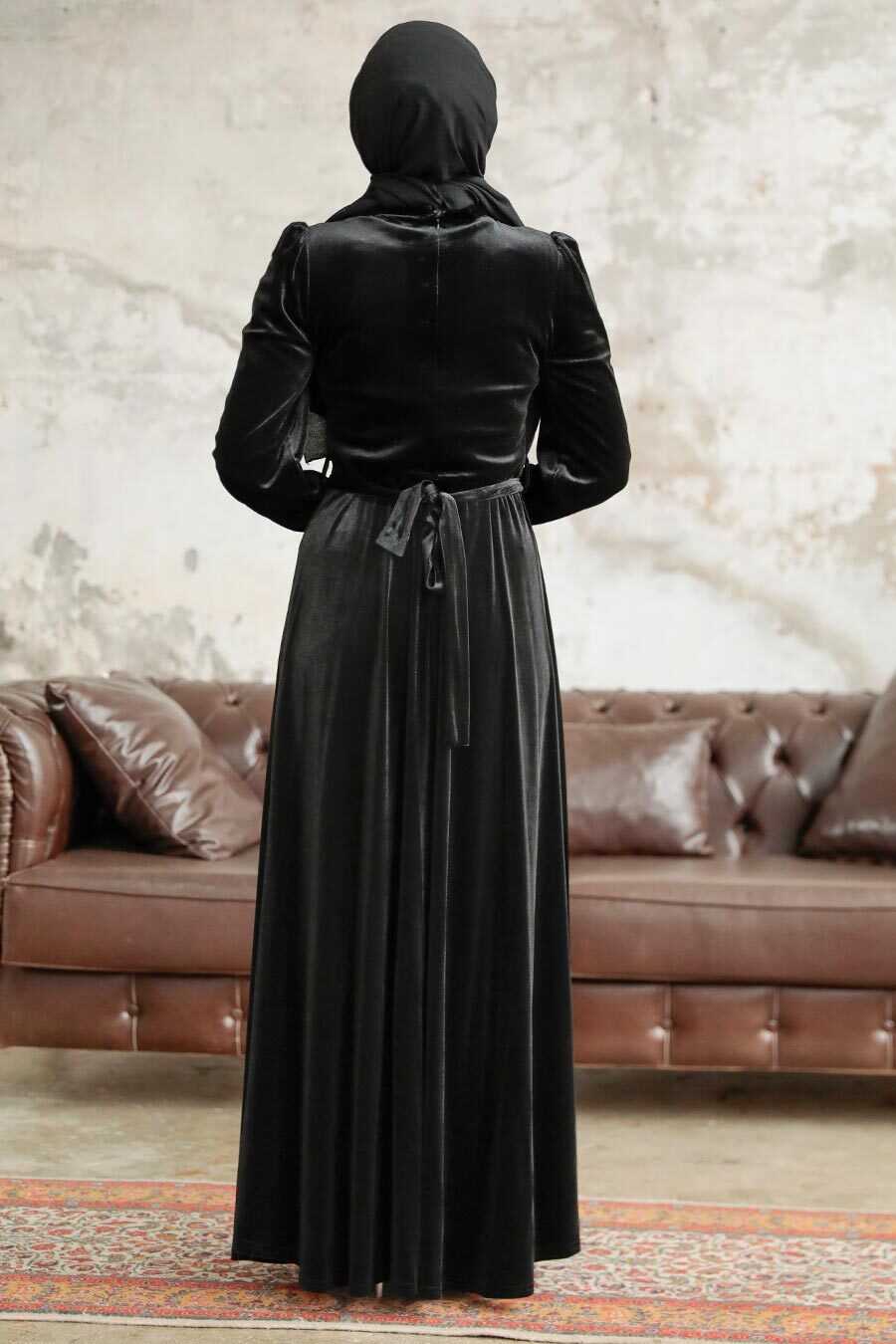 Neva Style - Black Velvet Hijab Maxi Dress 37091S