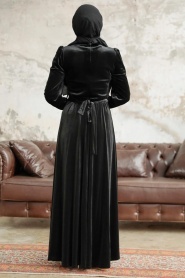 Neva Style - Black Velvet Hijab Maxi Dress 37091S - Thumbnail