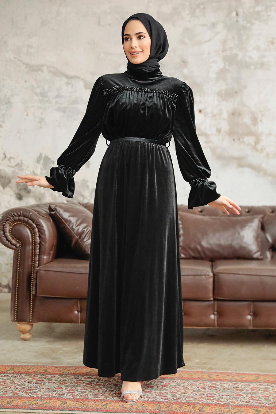 Neva Style - Black Velvet Long Dress for Muslim Ladies 37291S