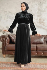 Neva Style - Black Velvet Long Dress for Muslim Ladies 37291S - Thumbnail