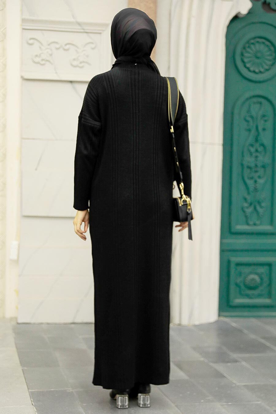 Neva Style - Boğazlı Yaka Siyah Tesettür Triko Elbise 34150S