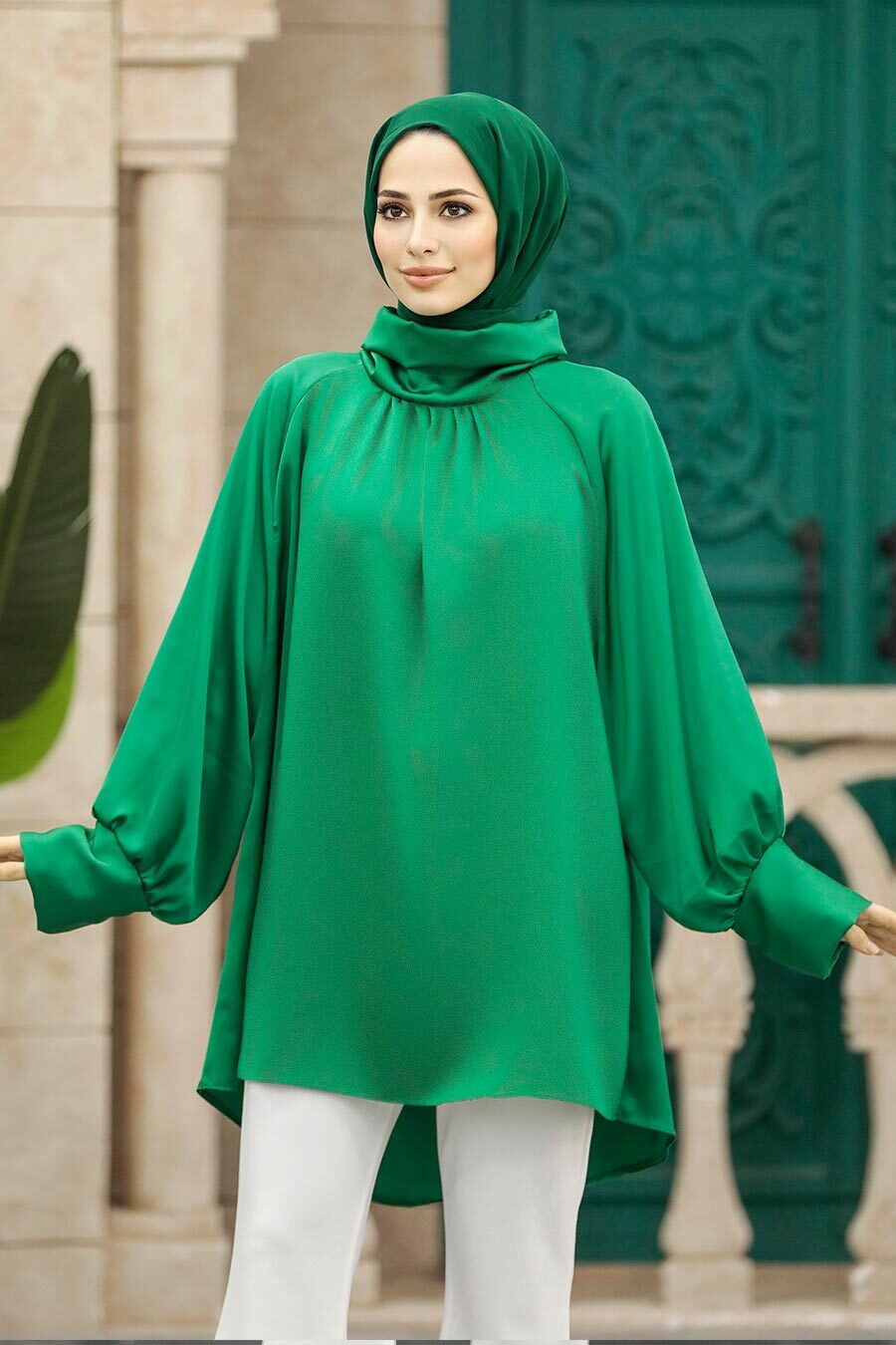 Neva Style - Boğazlı Yeşil Tesettür Gömlek 5894Y