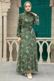 Neva Style - Çiçek Desenli Haki Tesettür Elbise 279082HK - Thumbnail