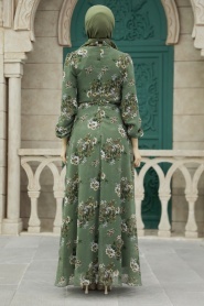 Neva Style - Çiçek Desenli Haki Tesettür Elbise 279082HK - Thumbnail