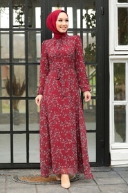 Neva Style - Çiçek Desenli Bordo Tesettür Elbise 27902BR - Thumbnail