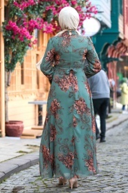 Neva Style - Çiçek Desenli Çağla Yeşili Tesettür Elbise 27921CY - Thumbnail