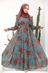 Neva Style - Çiçek Desenli Çağla Yeşili Tesettür Elbise 3134CY - Thumbnail
