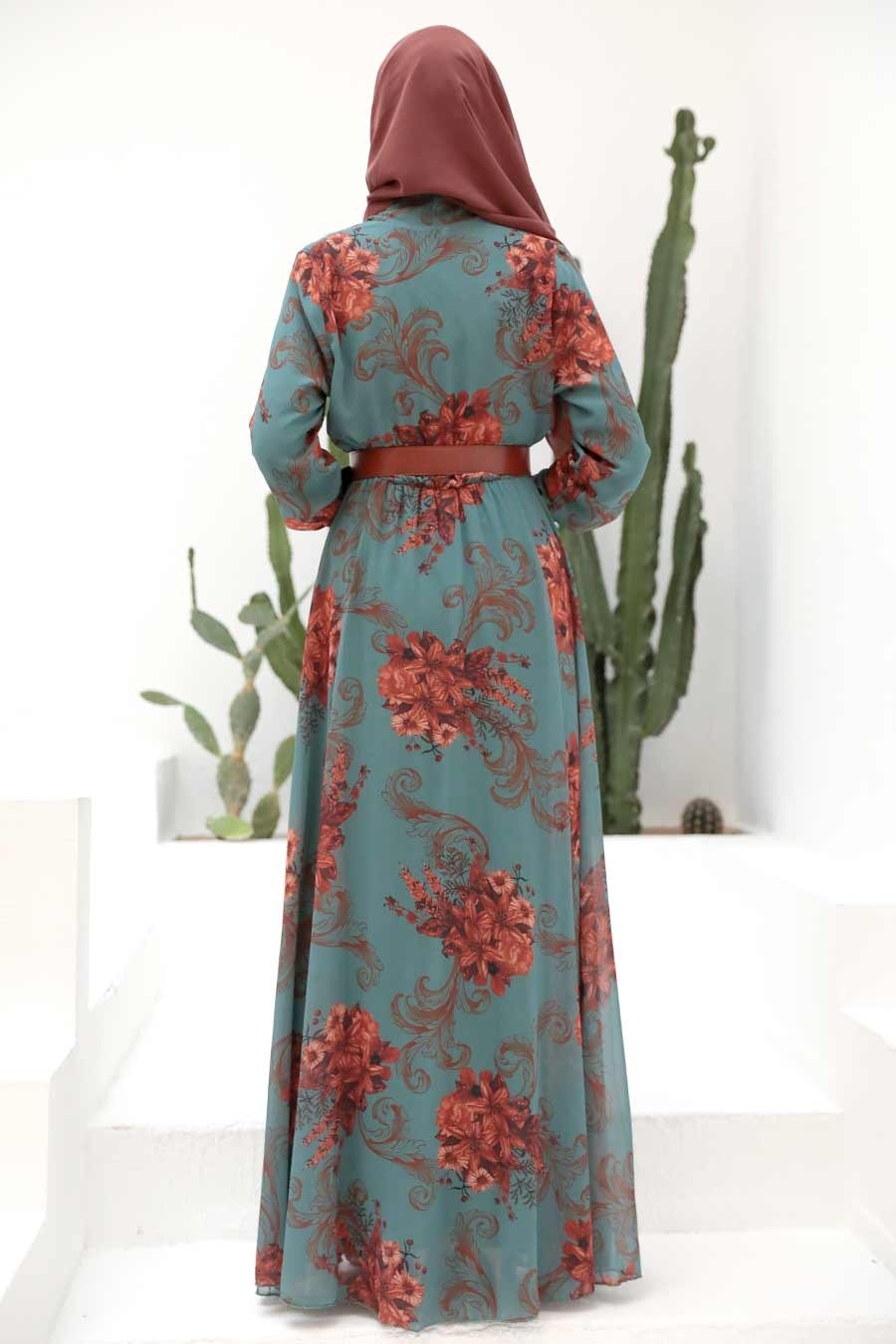 Neva Style - Çiçek Desenli Çağla Yeşili Tesettür Elbise 3134CY